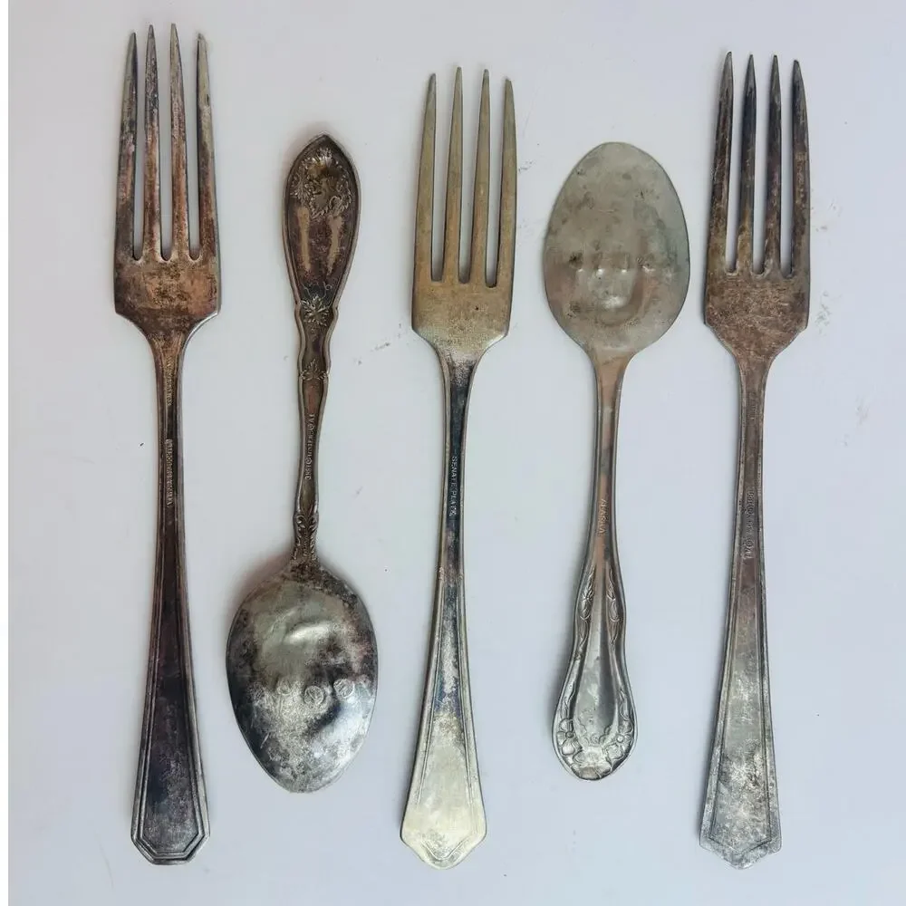 Antique Silverware 3 Forks, 2 Spoons. Engraved Joy, Hope, Love, Pray, Faith
